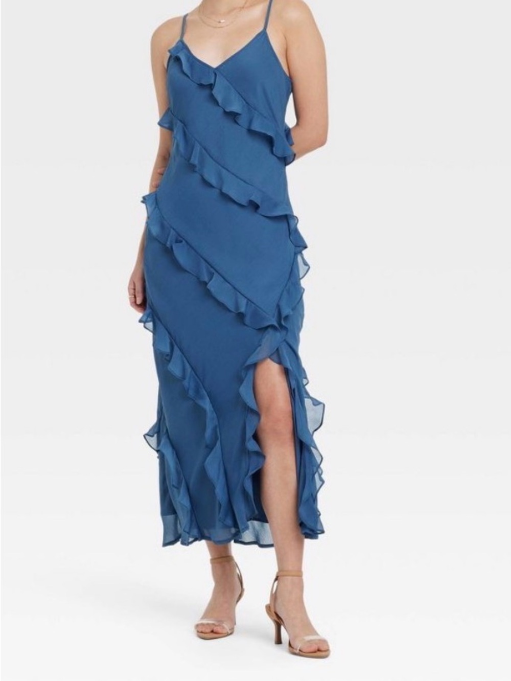Women's Ruffle Maxi Slip Dress - A New Day blue size L